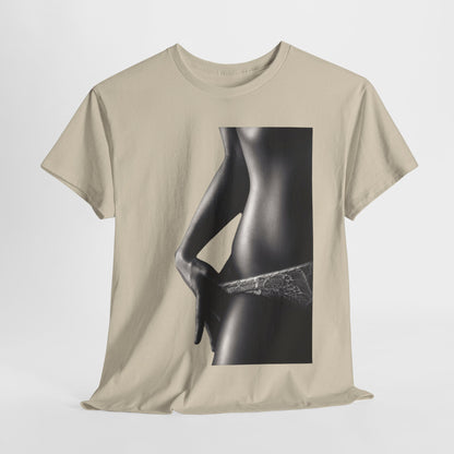 Luxury unisex 'Valentine's Kiss' graphic tee in soft beige cotton, featuring an artistic black and white print of a woman's torso, effortlessly blending elegance and humour for a stylish casual look.