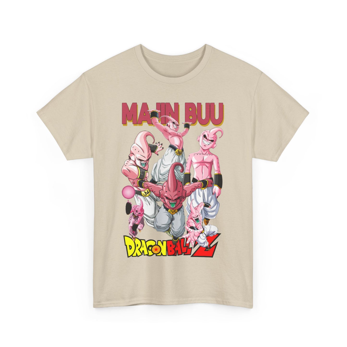 Luxurious Majin Buu graphic T-shirt showcasing vibrant anime-inspired design with pinkish-purple characters and bold 'Majin Buu' lettering, perfect for fashion-forward anime enthusiasts.