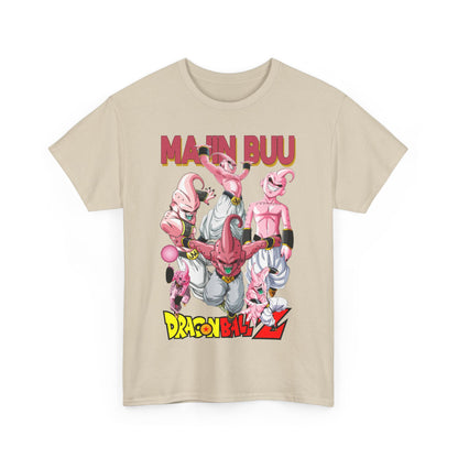 Luxurious Majin Buu graphic T-shirt showcasing vibrant anime-inspired design with pinkish-purple characters and bold 'Majin Buu' lettering, perfect for fashion-forward anime enthusiasts.