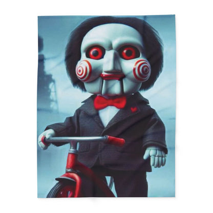 Chic Decorative and Warm Halloween Jigsaw Spooky Arctic Fleece Blanket with a captivating image of a doll on a bicycle, designed to elevate your Halloween decor.