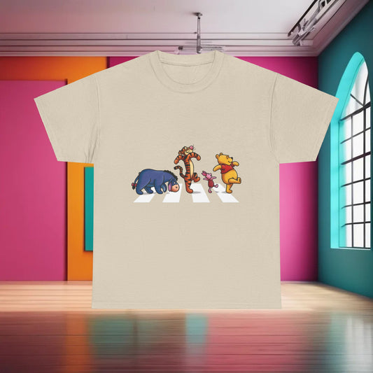 Luxury Pooh and Friends Abbey Road Graphic T-Shirt in beige showcasing iconic Disney characters on a stylish urban design.