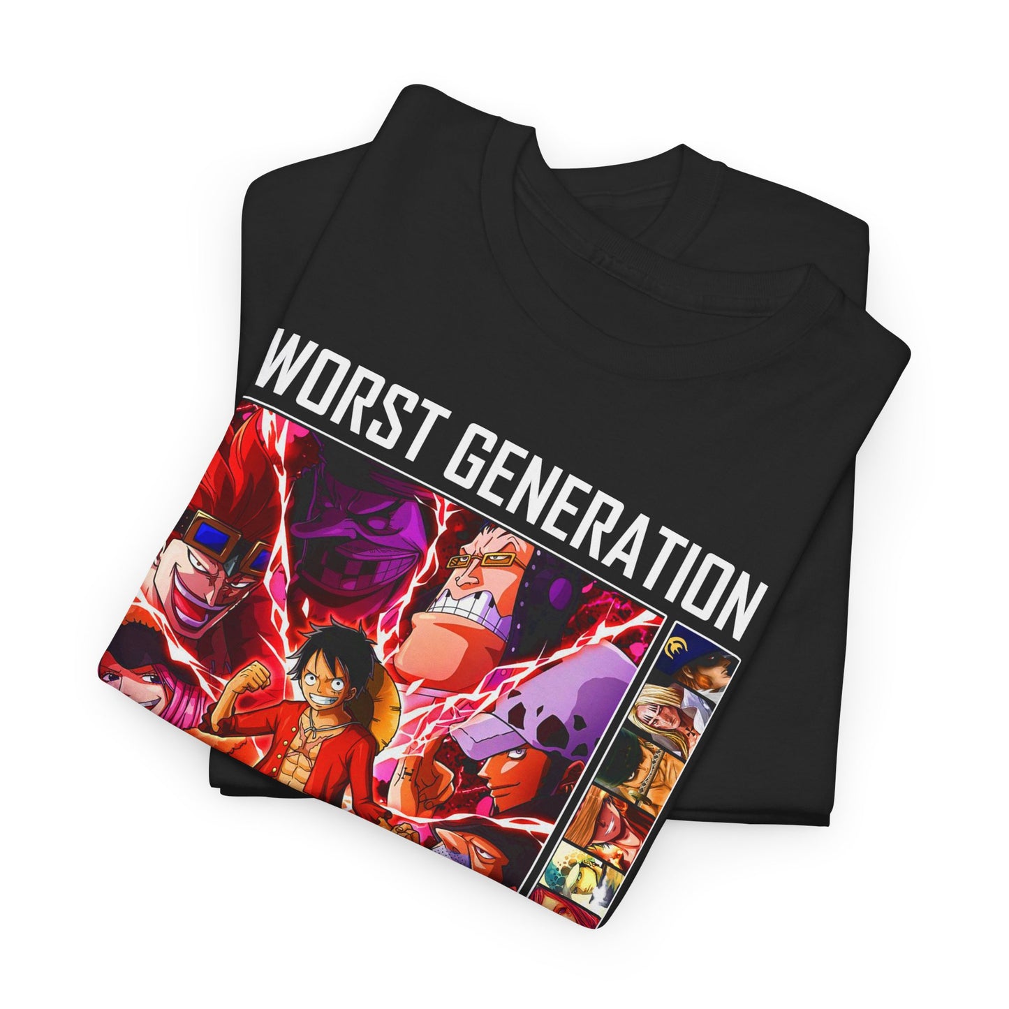 Luxuriously folded black T-shirt displaying high-quality graphics of the 'Worst Generation' from One Piece, presenting a vivid collection of beloved anime characters.