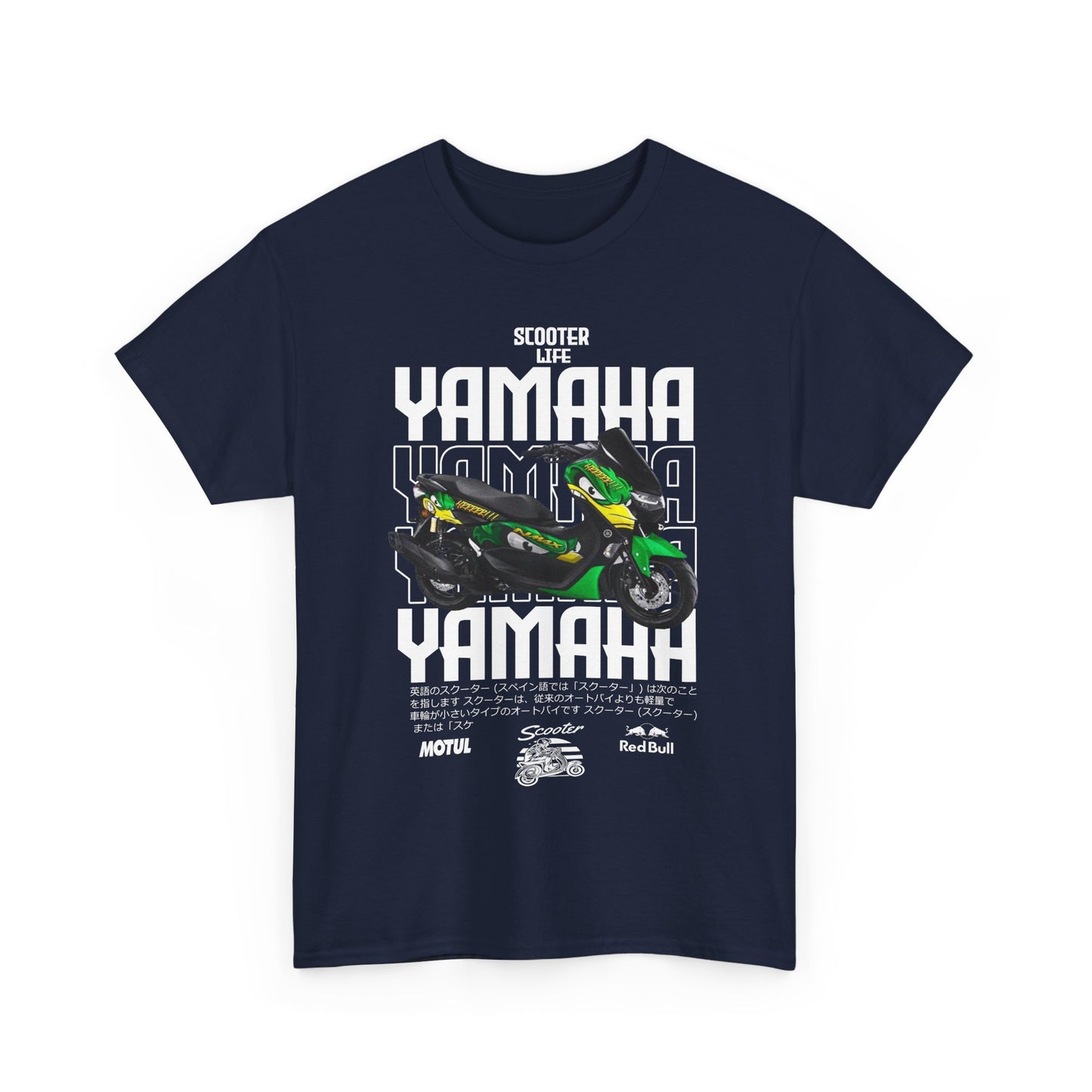 Stylish men's navy t-shirt featuring an exclusive Yamaha scooter graphic design, accentuated with vibrant greens and bold lettering, perfect for sophisticated scooter lovers.