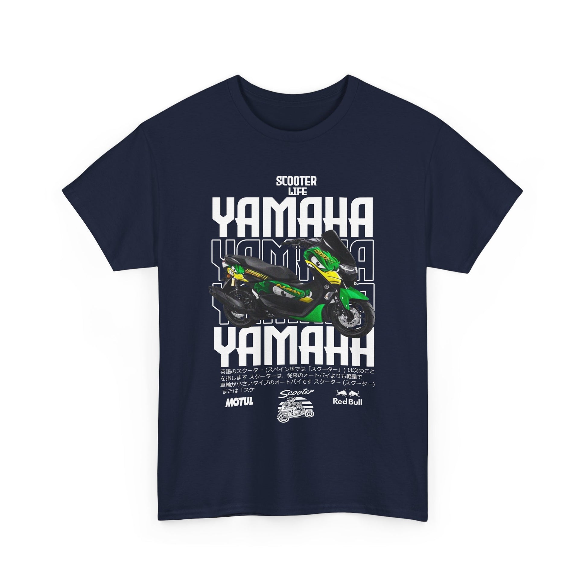 Stylish navy blue men's t-shirt adorned with an eye-catching graphic of a vibrant green Yamaha scooter and the phrase 'Scooter Life', embodying a sense of adventure and flair.
