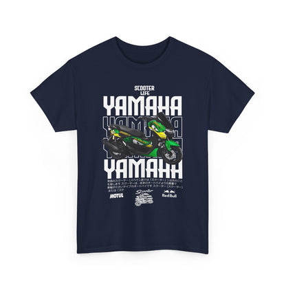 Stylish navy blue men's t-shirt adorned with an eye-catching graphic of a vibrant green Yamaha scooter and the phrase 'Scooter Life', embodying a sense of adventure and flair.