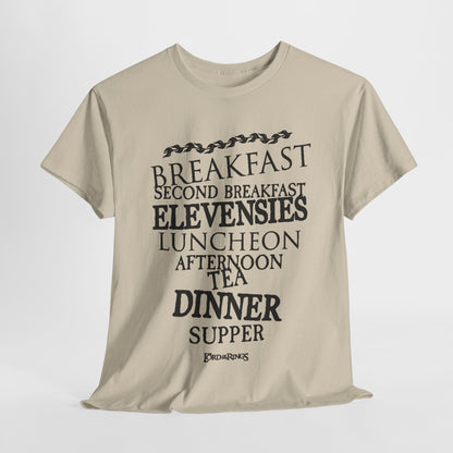 Elegant beige t-shirt featuring whimsical Lord of the Rings-inspired meal names, including ‘Breakfast’, ‘Second Breakfast’, and ‘Dinner’, presented in an upscale design for fans of Tolkien.