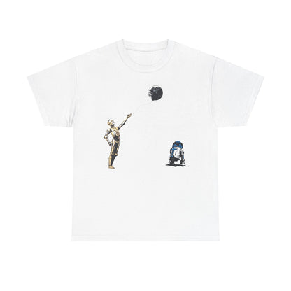 Elegant Star Wars T-Shirt showcasing a playful graphic of C-3PO and R2-D2, highlighted with a charming Death Star balloon design, perfect for fashion-forward fans.
