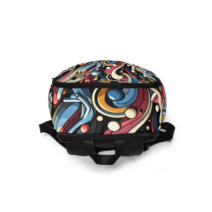 Close-up of the luxurious Fusion Essence Backpack by Dazzling Dreams Studio, showcasing its vibrant graphics and spacious compartments for practicality and elegance.