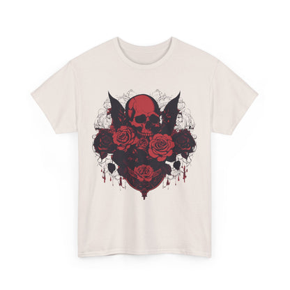 Front view of the Skulls and Roses Cotton Tee showcasing the intricate skull and rose graphic design on a soft fabric, ideal for luxury fashion enthusiasts.
