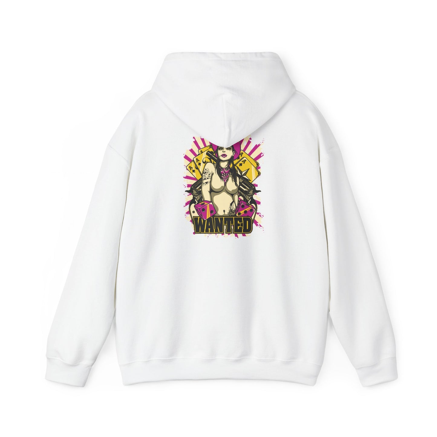 WANTED Back Print Hoodie showcasing a bold graphic design of a confident female character with a pink cowboy hat, adorned with tattoos and holding playing cards, set against a vibrant magenta backdrop.