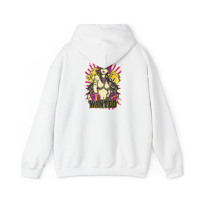 WANTED Back Print Hoodie showcasing a bold graphic design of a confident female character with a pink cowboy hat, adorned with tattoos and holding playing cards, set against a vibrant magenta backdrop.