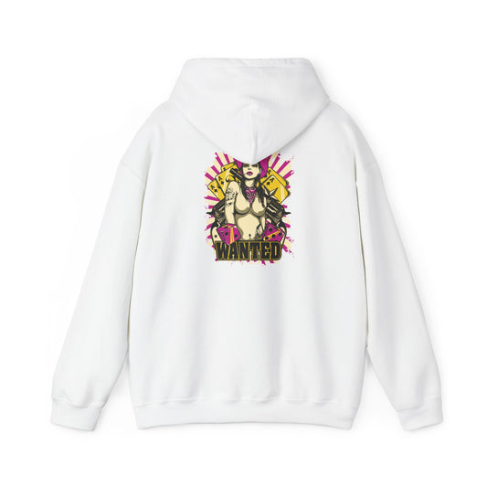 WANTED Back Print Hoodie showcasing a bold graphic design of a confident female character with a pink cowboy hat, adorned with tattoos and holding playing cards, set against a vibrant magenta backdrop.