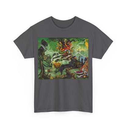 Exquisite Discworld Wyrd Sisters Graphic Unisex T-Shirt in grey, adorned with vibrant artwork that celebrates fantasy literature.
