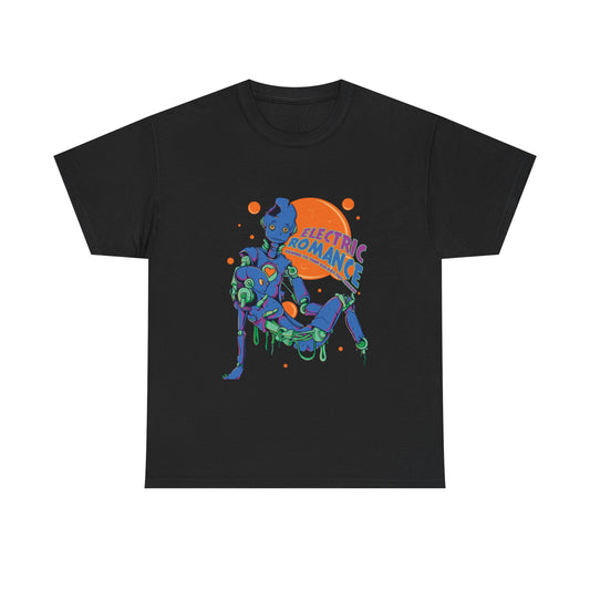 Electric Romance Men's T-shirt in black featuring vibrant futuristic robot artwork with a celestial orange background, exuding a stylish and contemporary aesthetic.