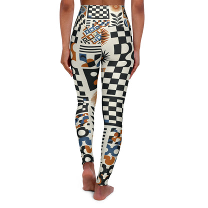 Evelyn Chicane High-Waisted Leggings from Dazzling Dreams Studio showcasing vibrant checkerboard patterns and organic shapes against a bright white background, designed for both style and performance.