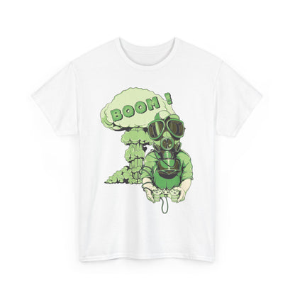 Chic white men's T-shirt presenting an engaging gas mask illustration with playful explosion art, combining comfort and style for the discerning gamer.