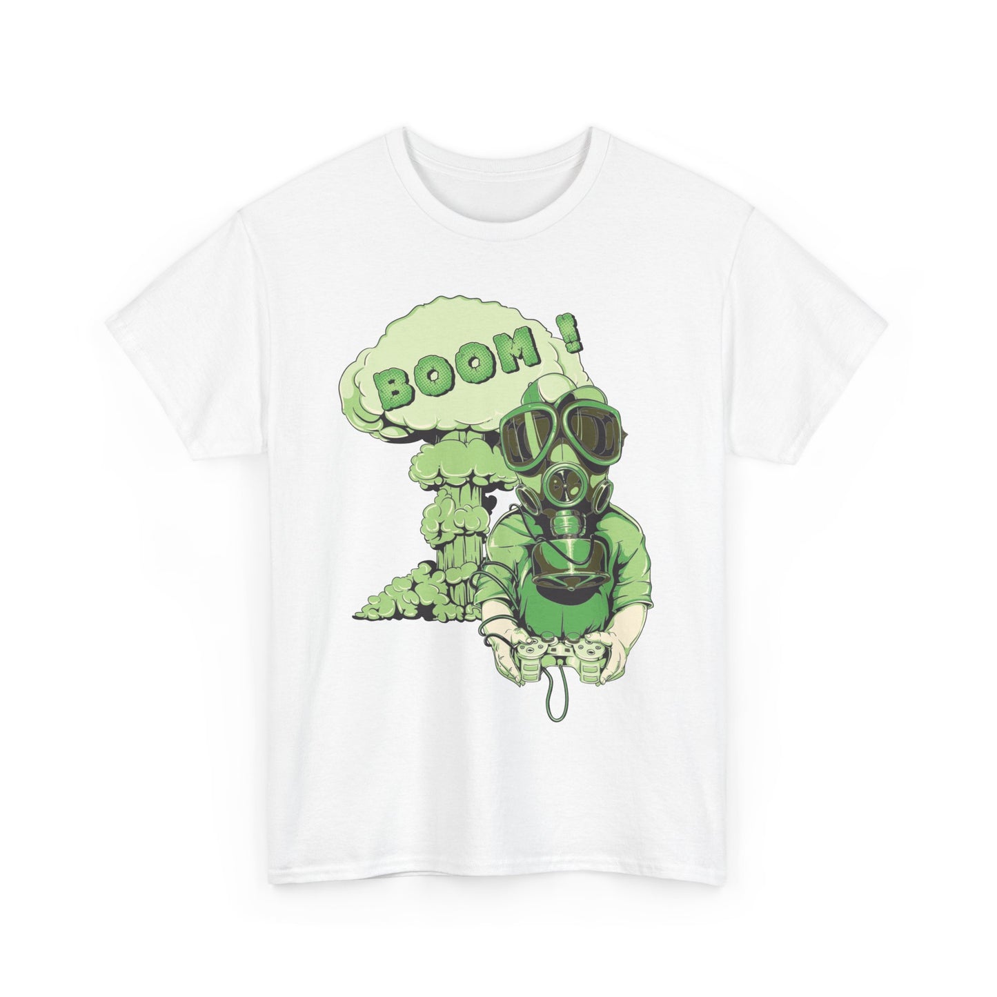 Chic white men's t-shirt featuring an eye-catching gas mask illustration complemented by a bold explosion graphic, ideal for gamers who appreciate upscale fashion.