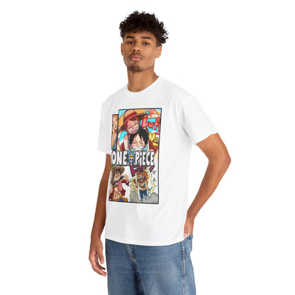 Model wearing a One Piece Manga T-Shirt with a striking anime collage, exuding stylish charm for discerning anime fans.
