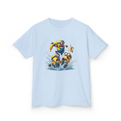 Light blue Minions T-Shirt Kids Despicable Me Banana Yellow Graphic Tee displayed flat, featuring the artwork of three playful Minions having a great time in water, an appealing choice for young fans. T Shirt, Funny, Minions.