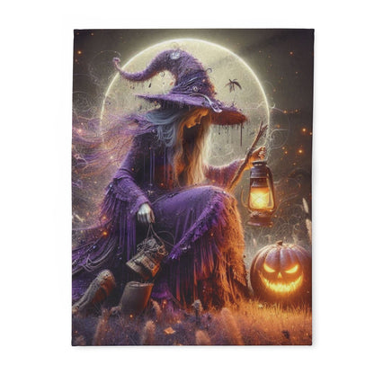 Luxurious Decorative and Warm Halloween Spooky Arctic Fleece Blanket featuring an enchanting witch in a purple gown beside a glowing jack-o'-lantern and lantern, perfect for adding elegance to Halloween decor.
