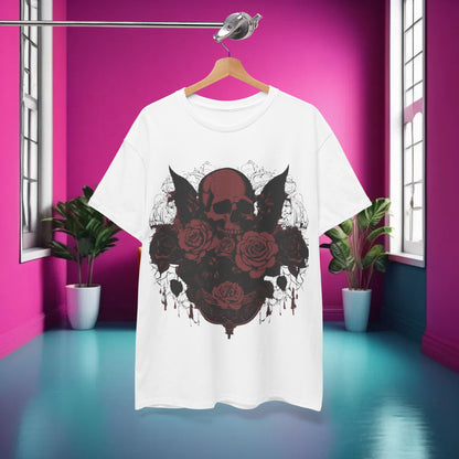 Skulls and Roses Cotton Tee showcased in a luxurious setting, featuring a striking steampunk-inspired graphic design with a prominent skull and exquisite roses, perfect for fashion enthusiasts. Unisex graphic shirt available in seven vibrant colours.