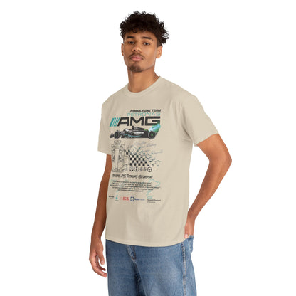 Model wearing a sophisticated F1 Mercedes AMG Petronas T-Shirt, presenting dynamic race car graphics in a stylish pose, perfect for the motorsport enthusiast.