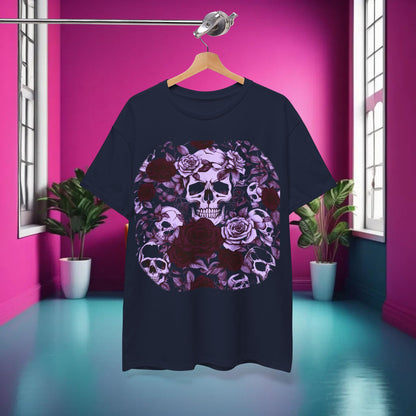 Luxurious Skulls and Roses Cotton Tee displayed in a vivid setting, showcasing an exquisite unisex graphic shirt with intricate skull and rose design.