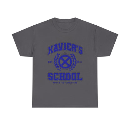Chic charcoal unisex t-shirt featuring the Xavier's School for Gifted Youngsters X-Men logo in an eye-catching blue, perfect for any occasion.
