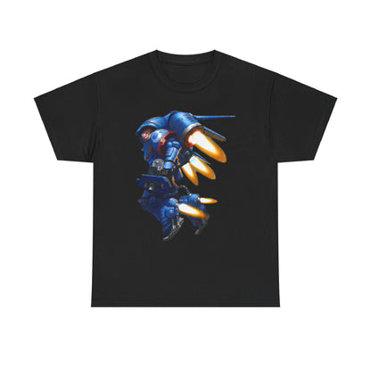 Premium unisex black tee featuring an intricate blue mecha illustration, complete with vivid fiery accents, ideal for creative expression.