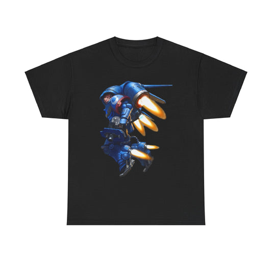 Premium unisex black tee featuring an intricate blue mecha illustration, complete with vivid fiery accents, ideal for creative expression.
