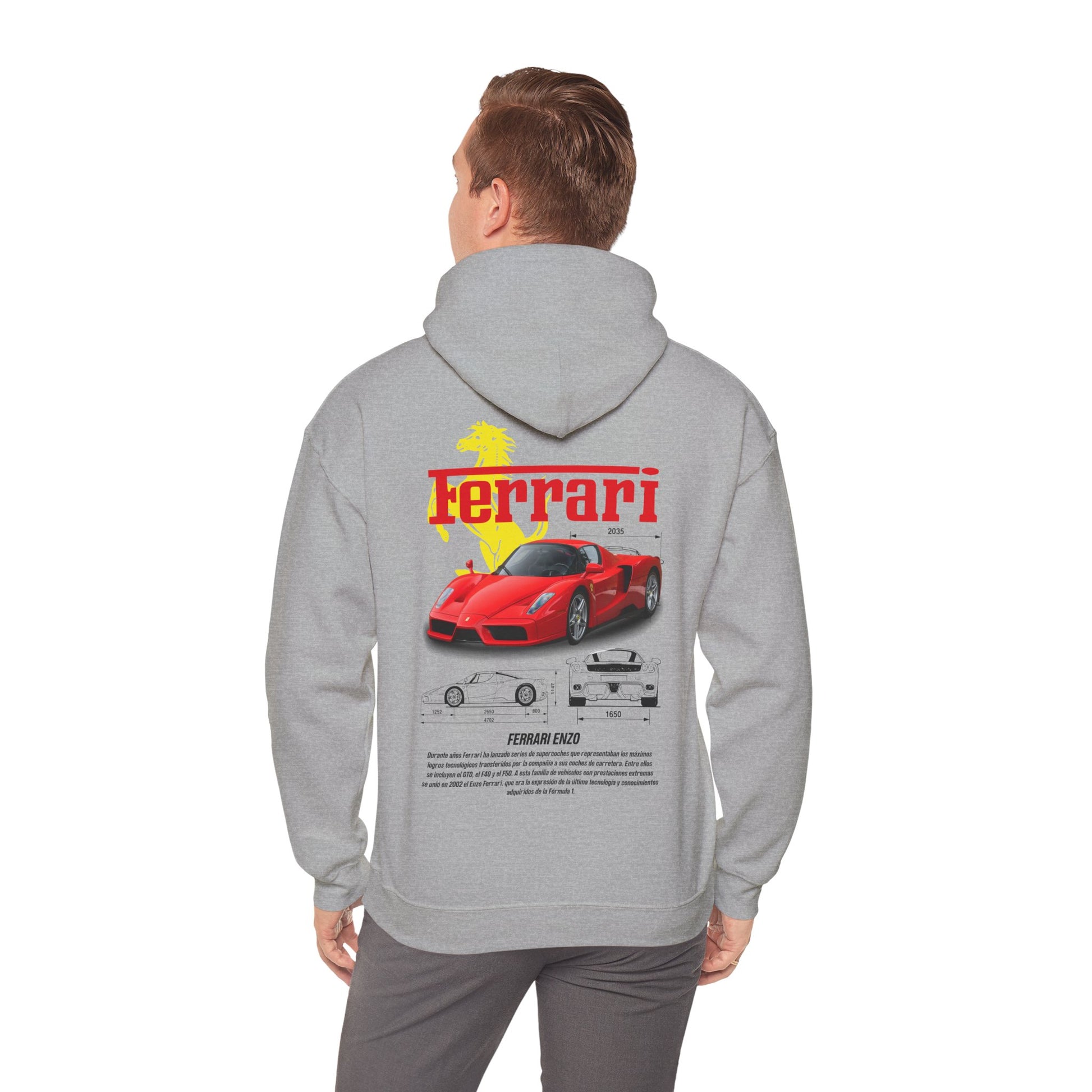 Luxury Ferrari Enzo back print hoodie worn by a model, showcasing striking design and soft fabric in grey colour.