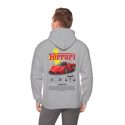 Luxury Ferrari Enzo back print hoodie worn by a model, showcasing striking design and soft fabric in grey colour.