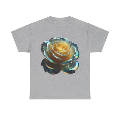 Ethereal Rose Tee Unisex Cotton Graphic T Shirt featuring an exquisite close-up of a rose illuminated with iridescent colours, ideal for those seeking luxurious fashion.