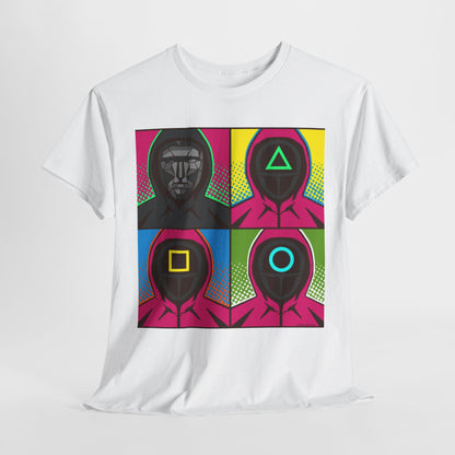 Squid Game Pop Art Unisex Men´s Women´s Graphic Cotton Funny T Shirt Tee featuring bold depictions of iconic masked guards in vibrant pop art style.
