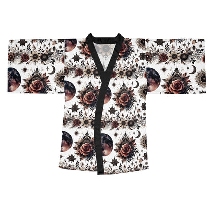 Stylish Floral Kimono Robe - Women's Robe showcasing a fashionable design with floral motifs and celestial elements, an ideal addition to designer lounge wear.