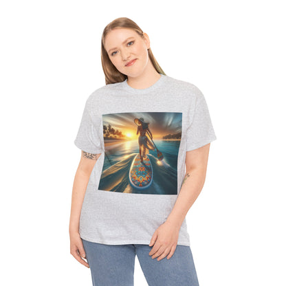 Luxury T-Shirt featuring artistic paddleboarding imagery from Dazzling Dreams Studio, ideal for nature lovers.