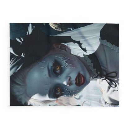 Intricate design of a luxurious Halloween Arctic fleece blanket depicting a girl with ghostly features, perfect for creating an elegant and spooky ambiance this season.