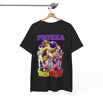 Sophisticated display of the Dragon Ball Z Frieza T-Shirt elegantly hanging, showcasing its eye-catching design of Frieza figures set against a vivid backdrop.