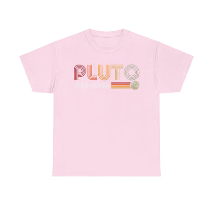PLUTO Retro Graphic Unisex T-Shirt in Soft Cotton - Celestial Tribute Tee featuring a playful design with 'PLUTO' and '1930-2006' in whimsical retro tones on a soft pink fabric.