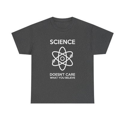 Science Doesn't Care What You Believe Graphic T-Shirt - Deep grey urban unisex cotton model showcasing a thought-provoking science design.