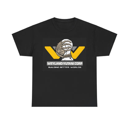 Weyland Yutani Corp Facehugger Logo Graphic Unisex Tee Shirt displayed on a black background, featuring an intricate xenomorph design with a striking yellow 'V' and the slogan 'Building Better Worlds'.