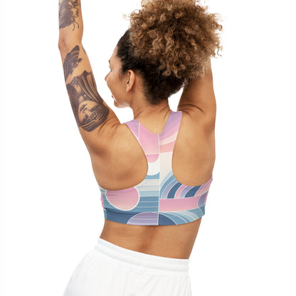 Flat lay of Celeste Rutherford Pastel-Gradient Sports Bra by Dazzling Dreams Studio, emphasising the modern pastel colours and sophisticated detailing ideal for fitness enthusiasts.