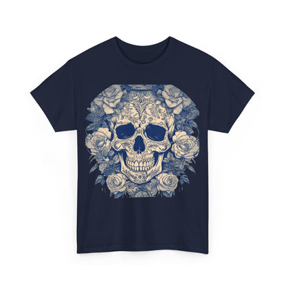 Front view of the Skulls and Roses Cotton Tee, featuring an intricate steampunk-inspired skull and rose design on a navy background.