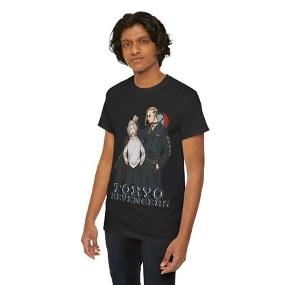 Luxury Tokyo Revengers anime men's t-shirt featuring two stylish characters, one with tousled blonde hair and the other with tattoos, perfect for urban streetwear enthusiasts.