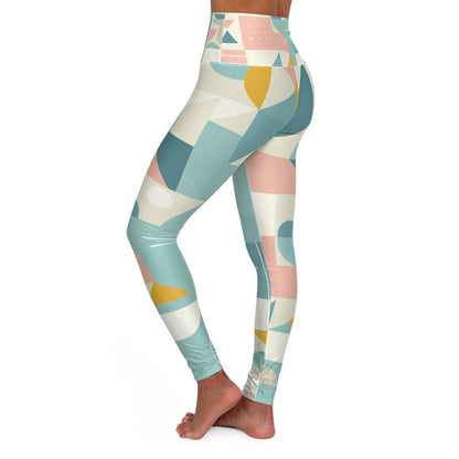 Lifestyle image of a model wearing Modern Geometric Pastel Leggings by Dazzling Dreams Studio, highlighting the versatility and comfort suitable for workouts and casual outings.