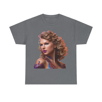 Swifties psychedelic Taylor Swift Heavy Cotton Tee in grey, designed with a captivating psychedelic image of Taylor Swift, a must-have for dedicated Swifties.