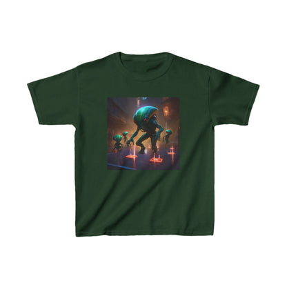 Kids Cute Aliens Heavy Cotton Tee in forest green highlighting whimsical alien illustrations, perfect for active young explorers.