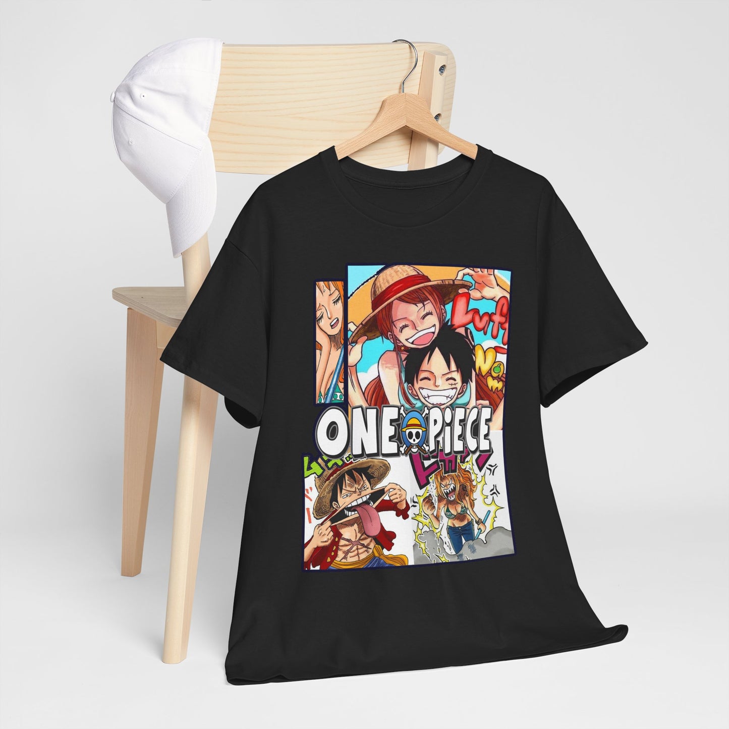 Sophisticated black One Piece T-shirt displayed on a stylish hanger, illustrating iconic manga characters in a lively collage, ideal for casual elegance.