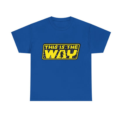 Mandalorian Star Wars This is the Way Logo Graphic Unisex Tee Shirt in blue, adorned with a vibrant yellow design and silhouette, merging style with fandom sophistication.