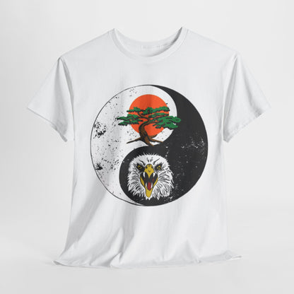 Elegant unisex graphic t-shirt featuring a striking yin-yang design, blending the fierce eagle and serene bonsai tree, symbolising the harmony of discipline and humour in martial arts. Perfect for fans of Cobra Kai and unique fashion statements.